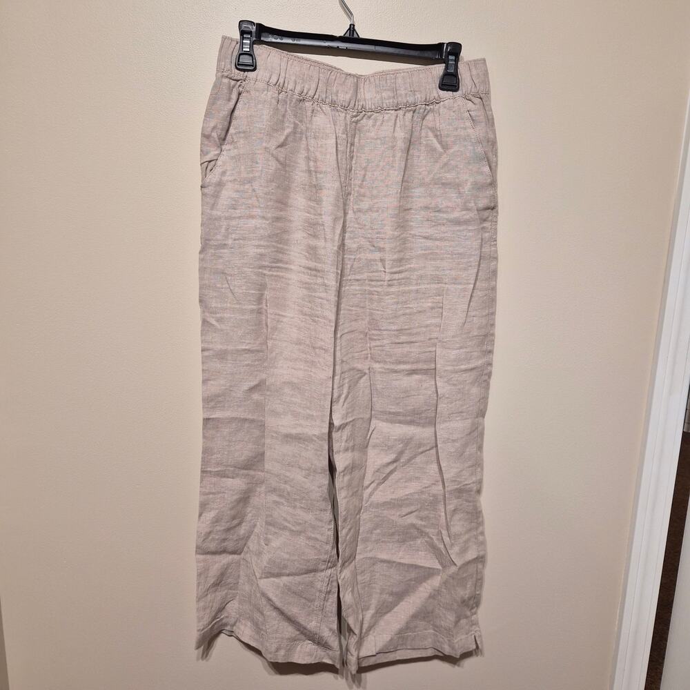 Tahari 100% Linen Medium Elastic Waistband Beige Pants Cropped Pockets